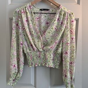 Zara Floral Women's Wrap Blouse green and purple smocked waist sheer wms size S